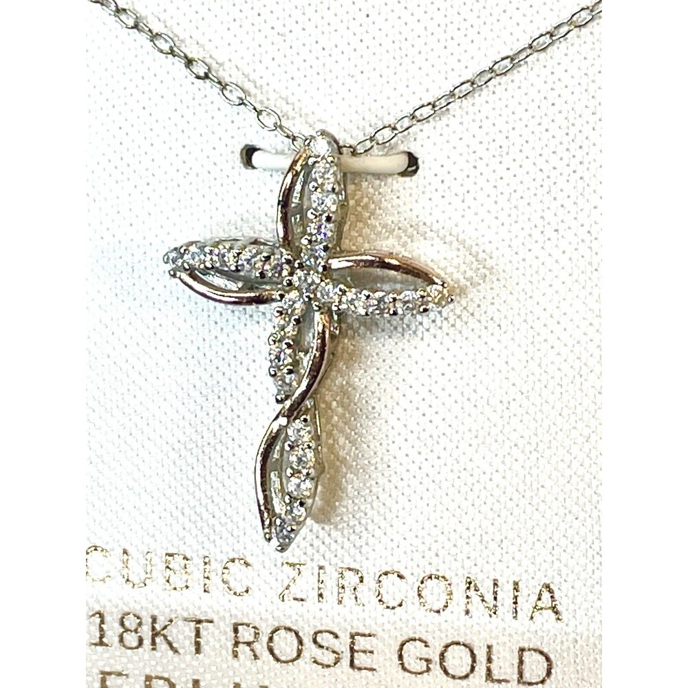 18KT Rose Gold & Sterling Silver Cross Necklace Cubic Zirconia Marked 925 18”
